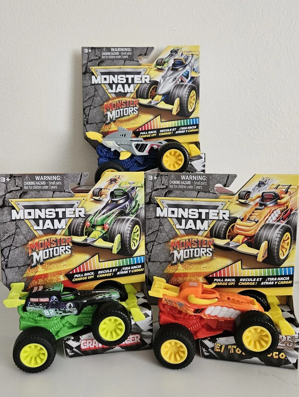 Monster Jam Monster Motors Pull-Back Set - Megaladon, Grave Digger, El Toro Loco